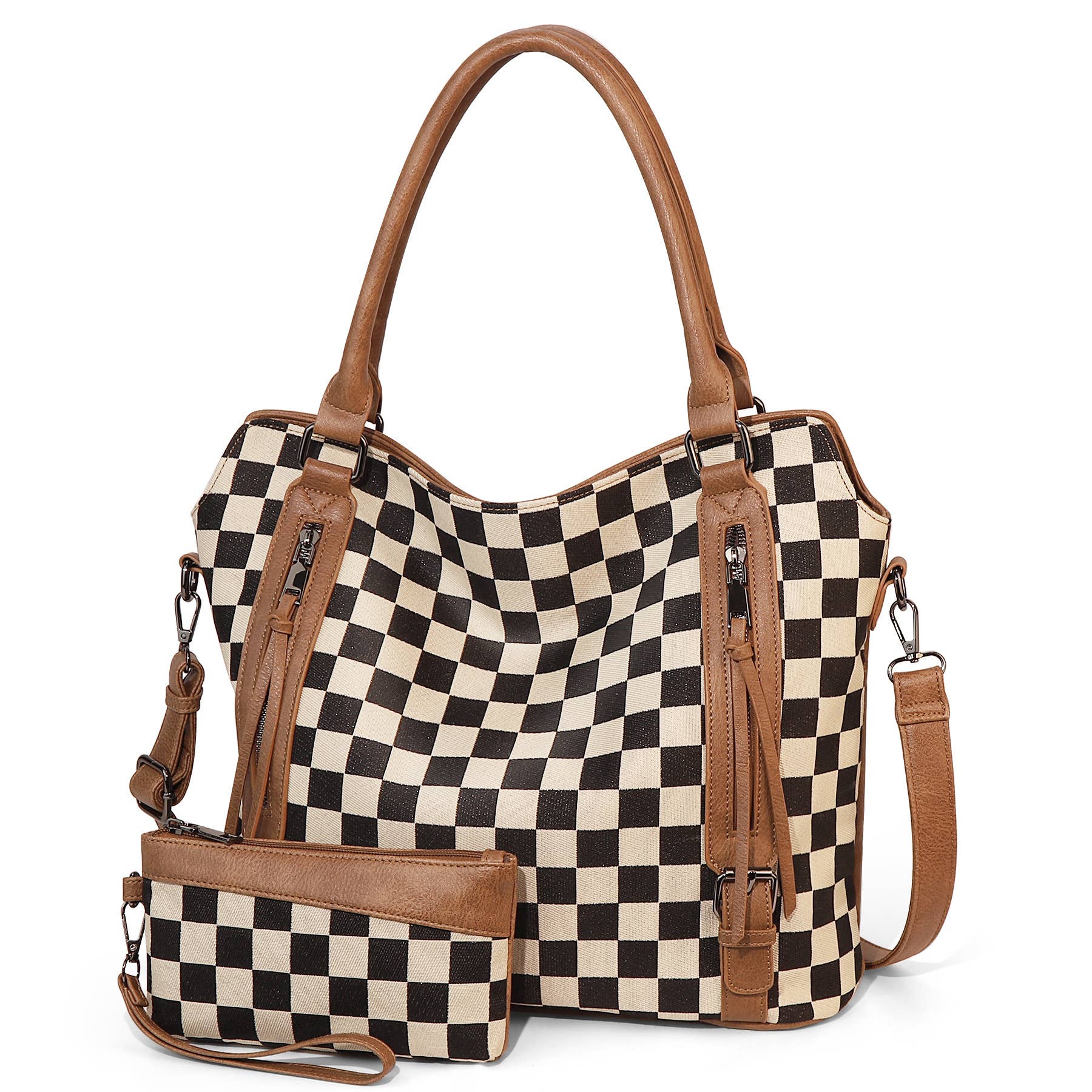 PU Checkered Handle Tote Crossbody 2-piece bag set