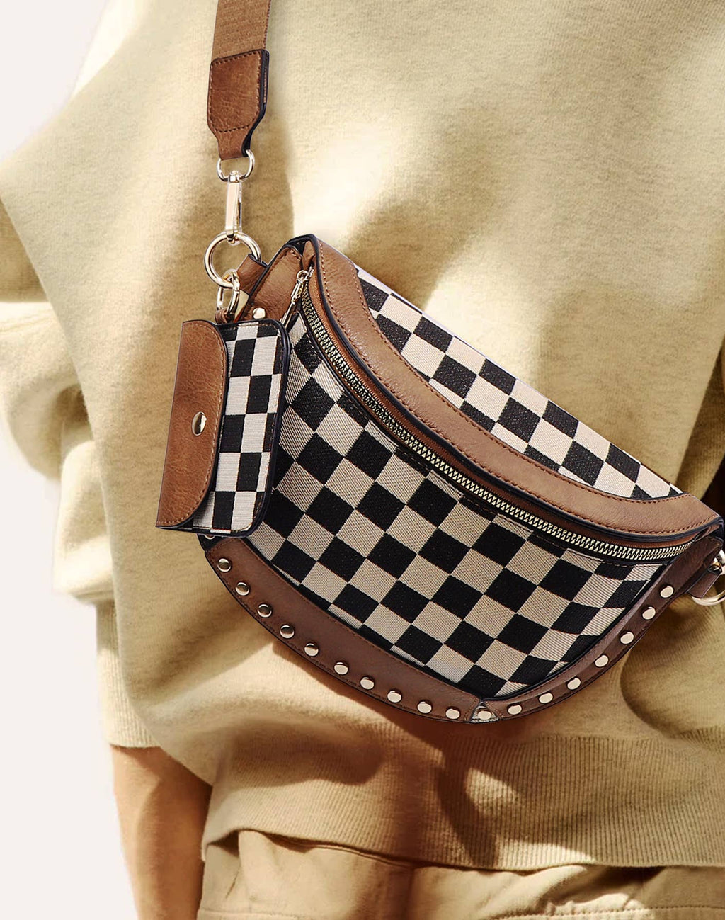 Rivet Checkered Bum Bag Crossbody Bag With Coin Purse