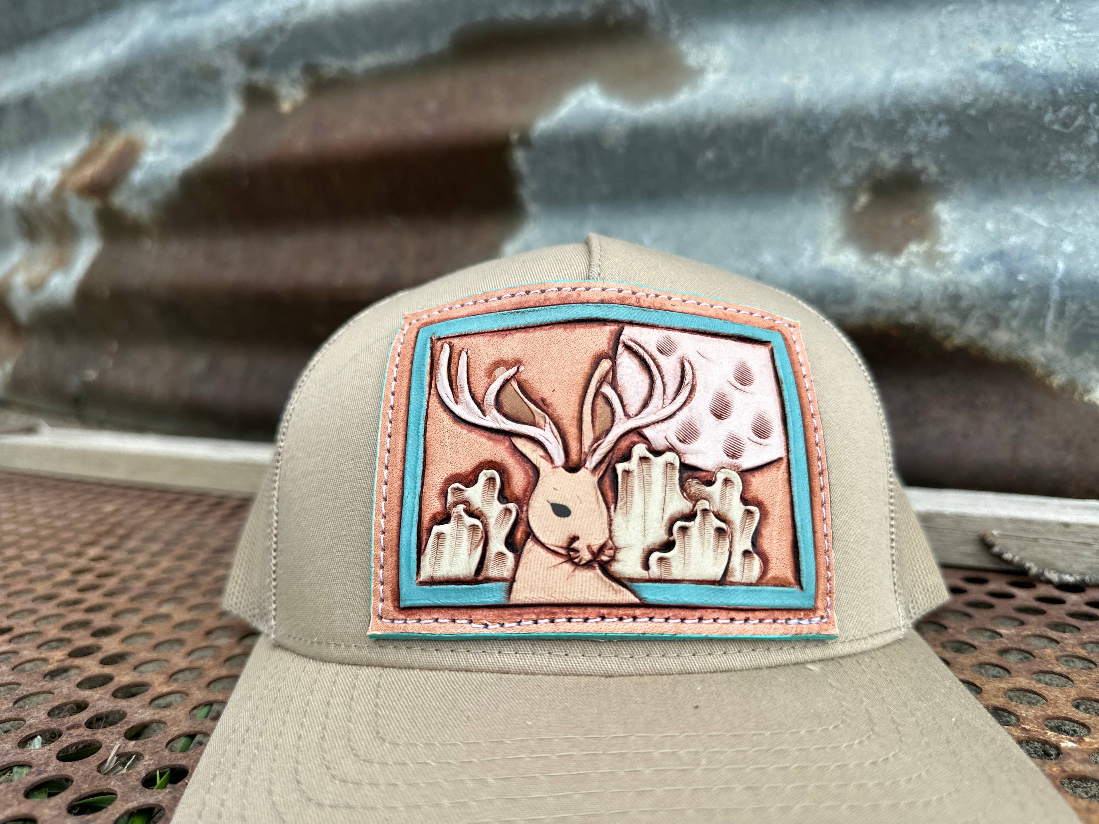 Jackalope Tooled Leather Patch Cap Cowgirl Cowboy Western Rodeo
