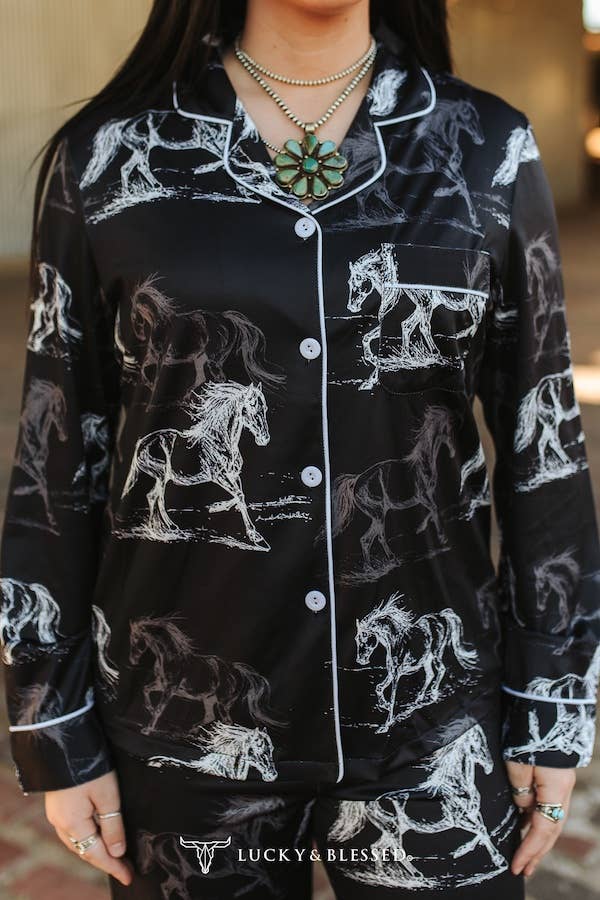 Black Ivory Western Printed Button Down Pants Set