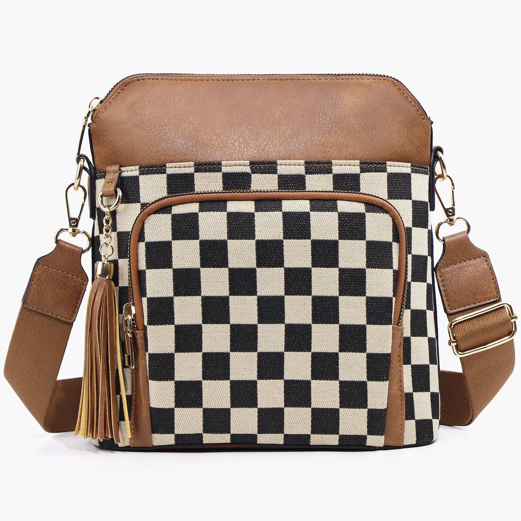 Tassel Zipper Camera Bag Checkered Crossbody Bag