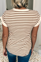 Stripe Half Buttons Round Neck T Shirt