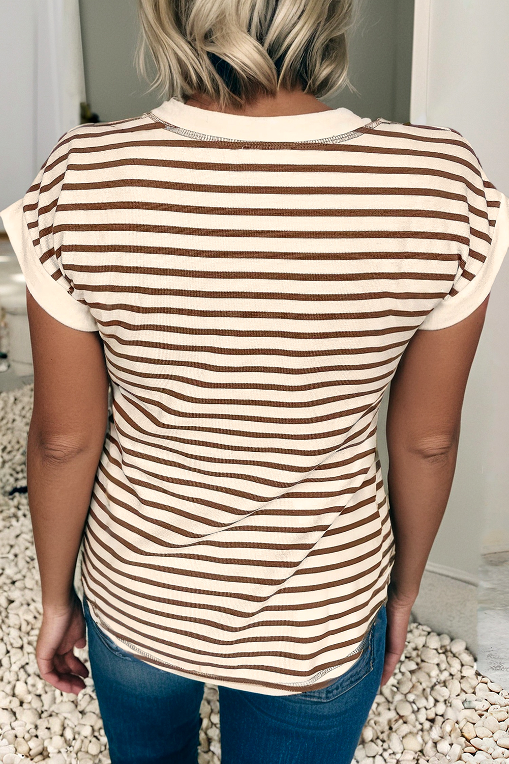 Stripe Half Buttons Round Neck T Shirt
