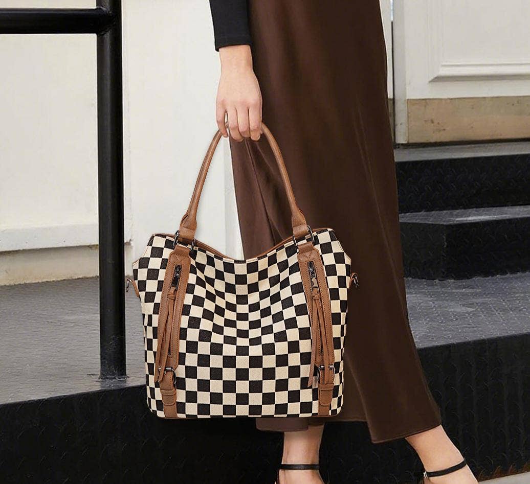 PU Checkered Handle Tote Crossbody 2-piece bag set