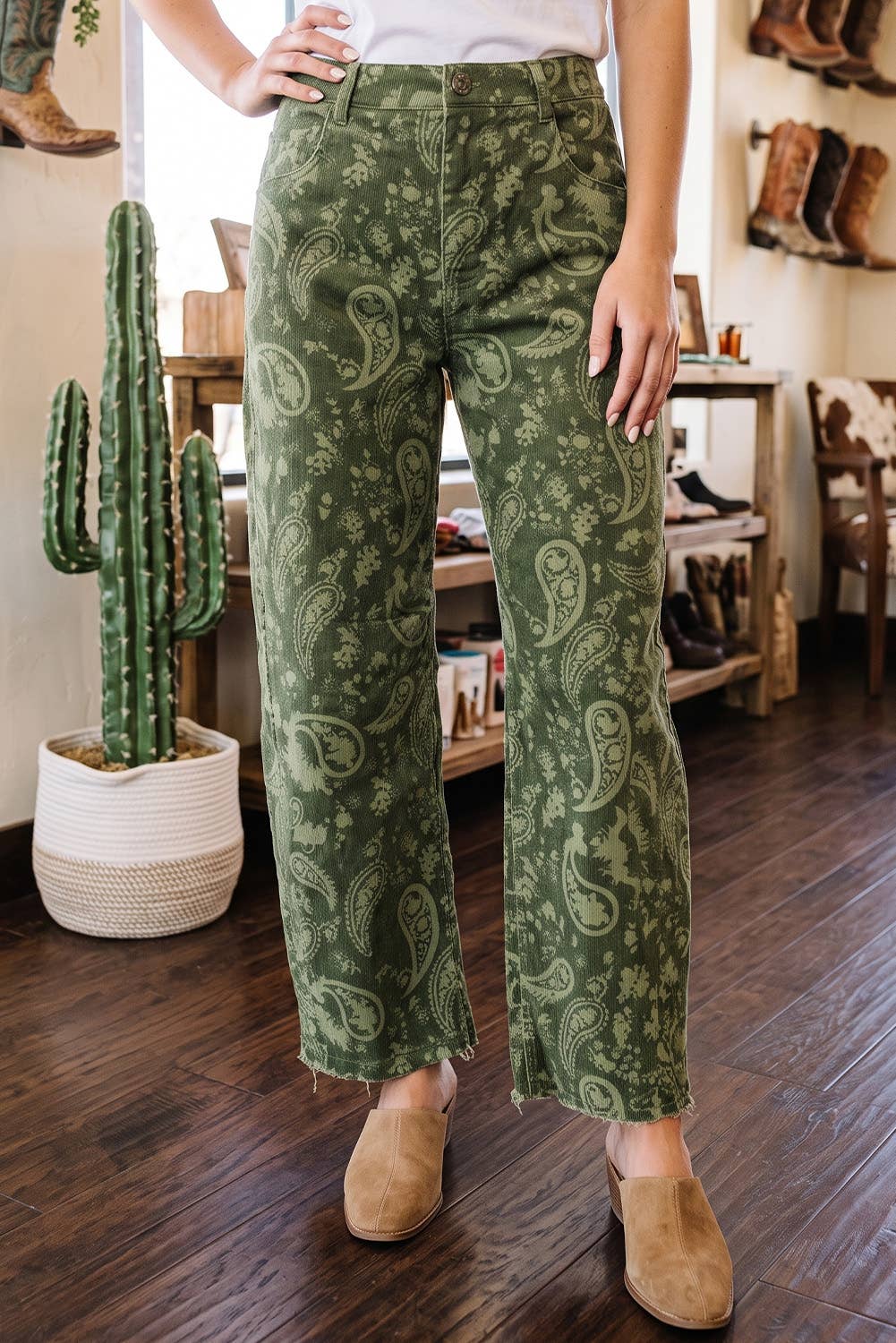 Western Green Paisley Print Denim Pants