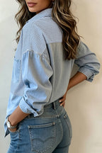 NEW Denim Striped Patchwork Button Down Shacket
