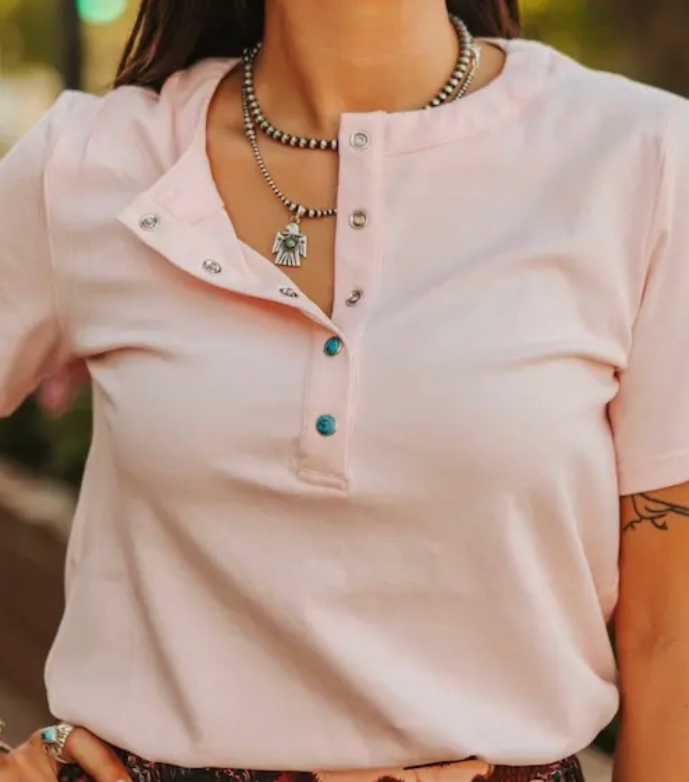 Lucky & Blessed Pink Turquoise Snap Tee
