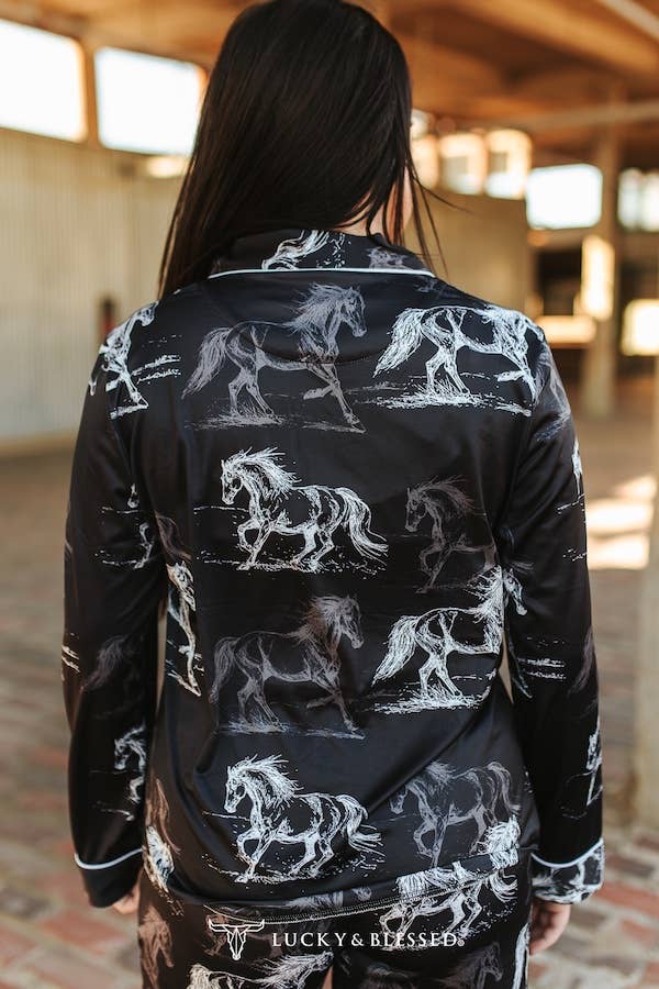 Black Ivory Western Printed Button Down Pants Set