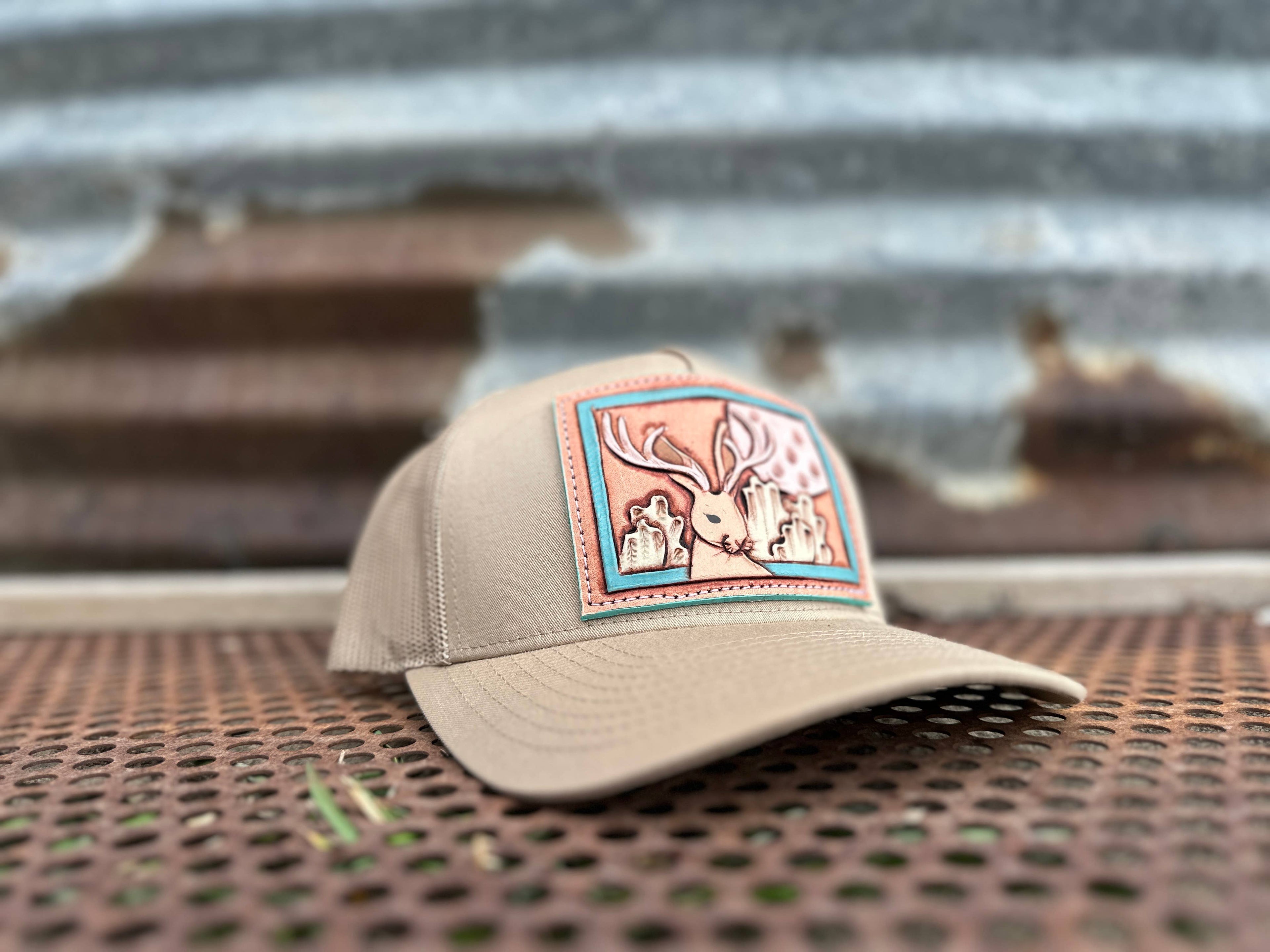 Jackalope Tooled Leather Patch Cap Cowgirl Cowboy Western Rodeo