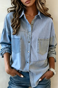 NEW Denim Striped Patchwork Button Down Shacket