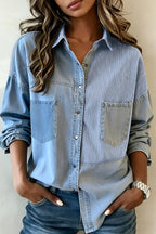 NEW Denim Striped Patchwork Button Down Shacket