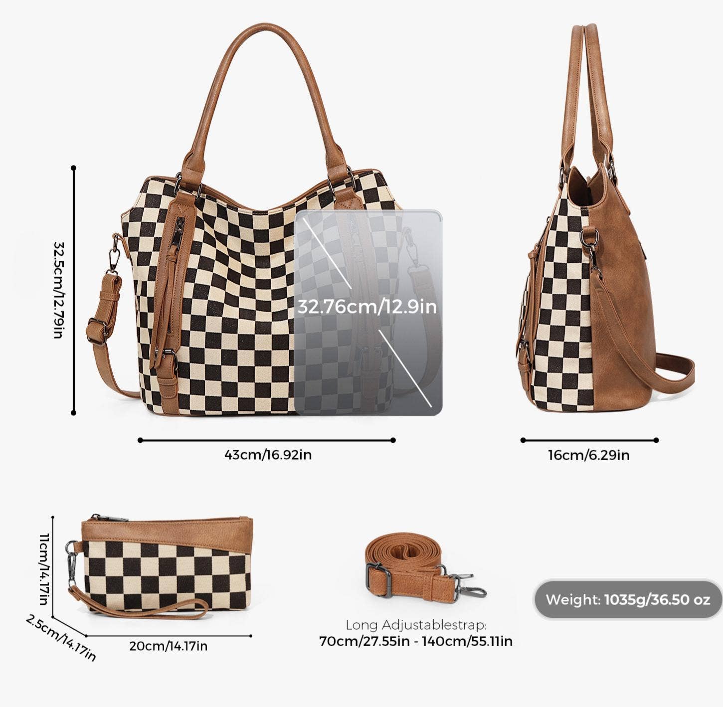 PU Checkered Handle Tote Crossbody 2-piece bag set