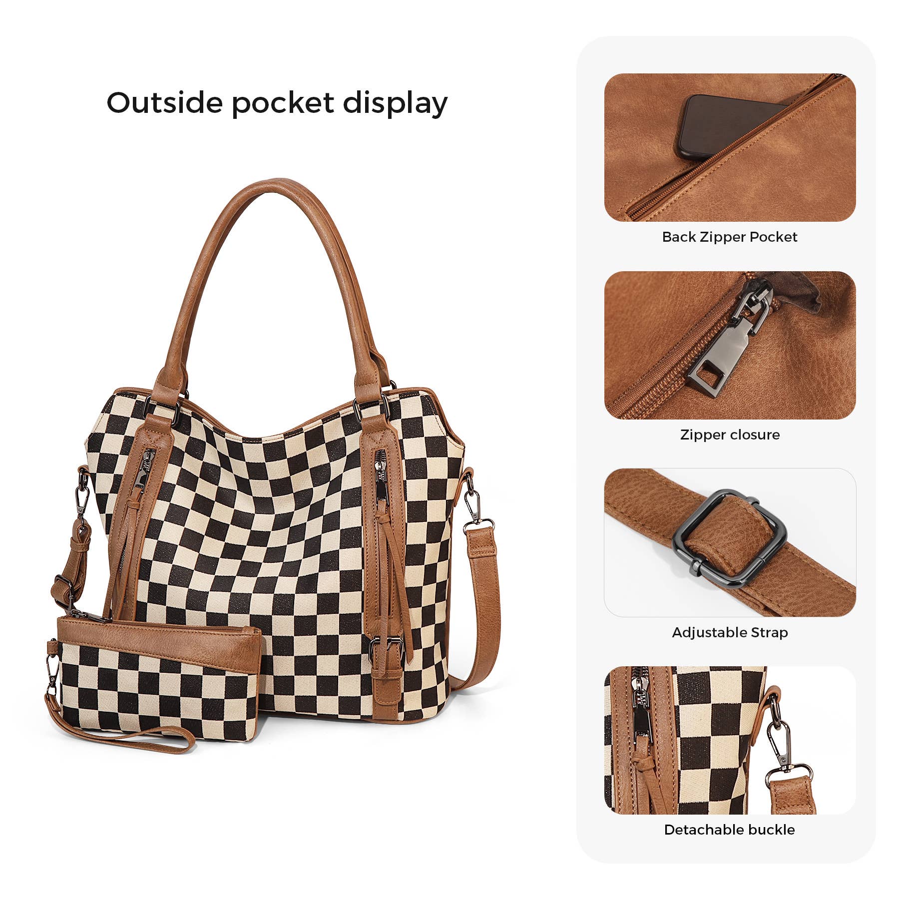 PU Checkered Handle Tote Crossbody 2-piece bag set