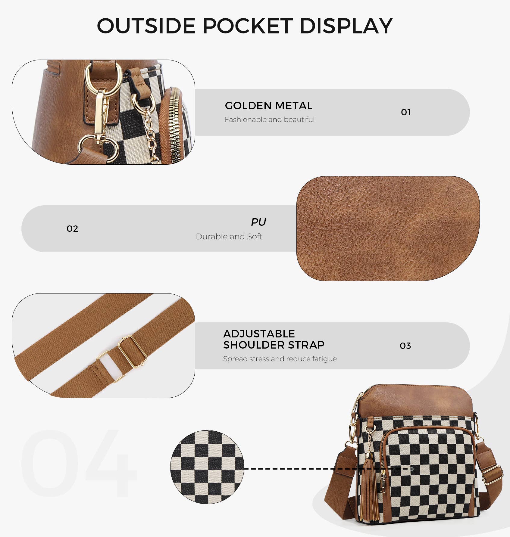 Tassel Zipper Camera Bag Checkered Crossbody Bag
