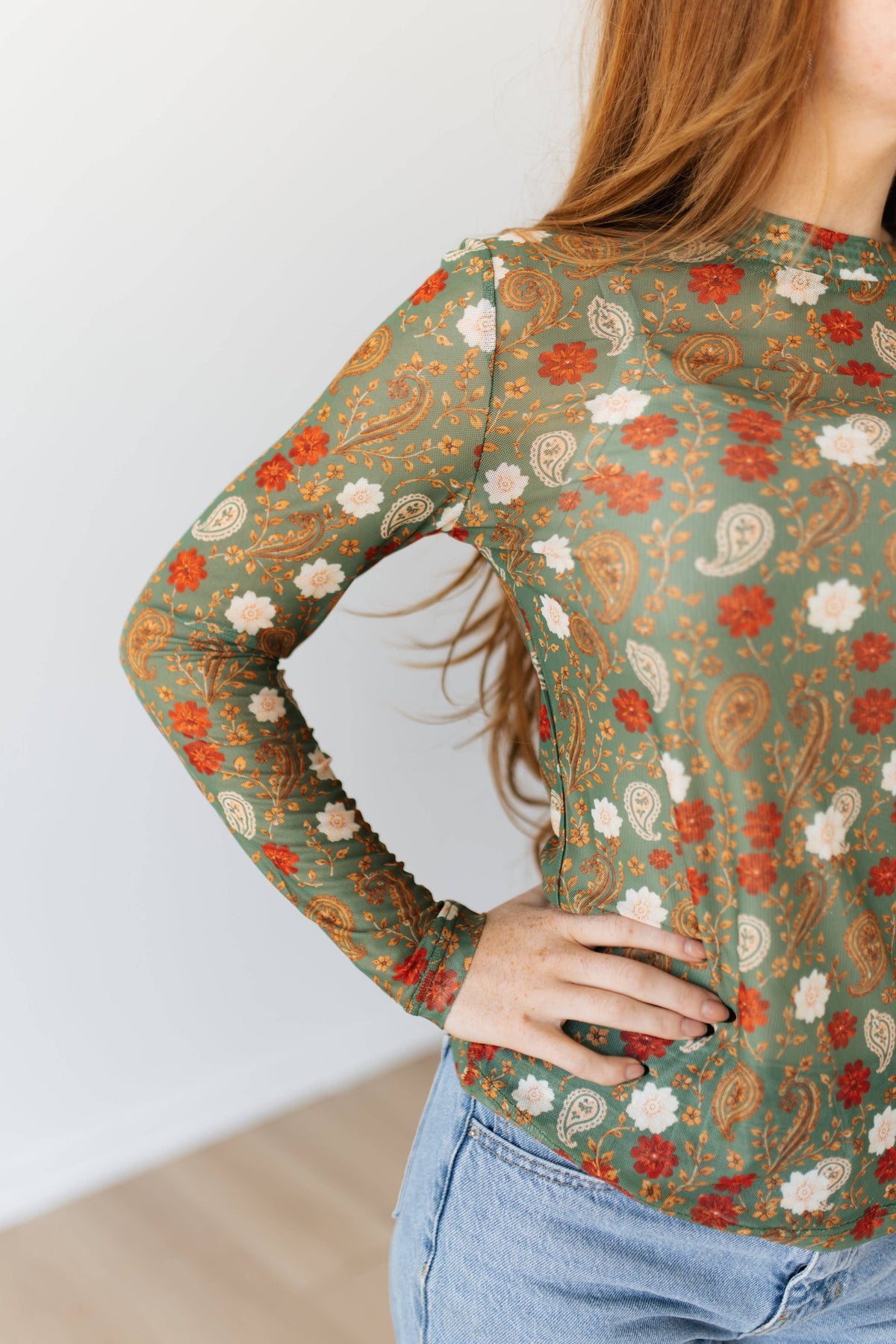 OLIVE FLORAL PAISLEY MESH