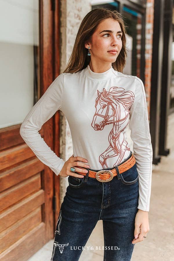 White Long Sleeve Printed Horse High Neck Bodysuit