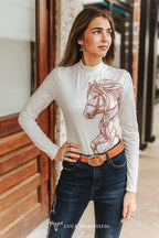 White Long Sleeve Printed Horse High Neck Bodysuit