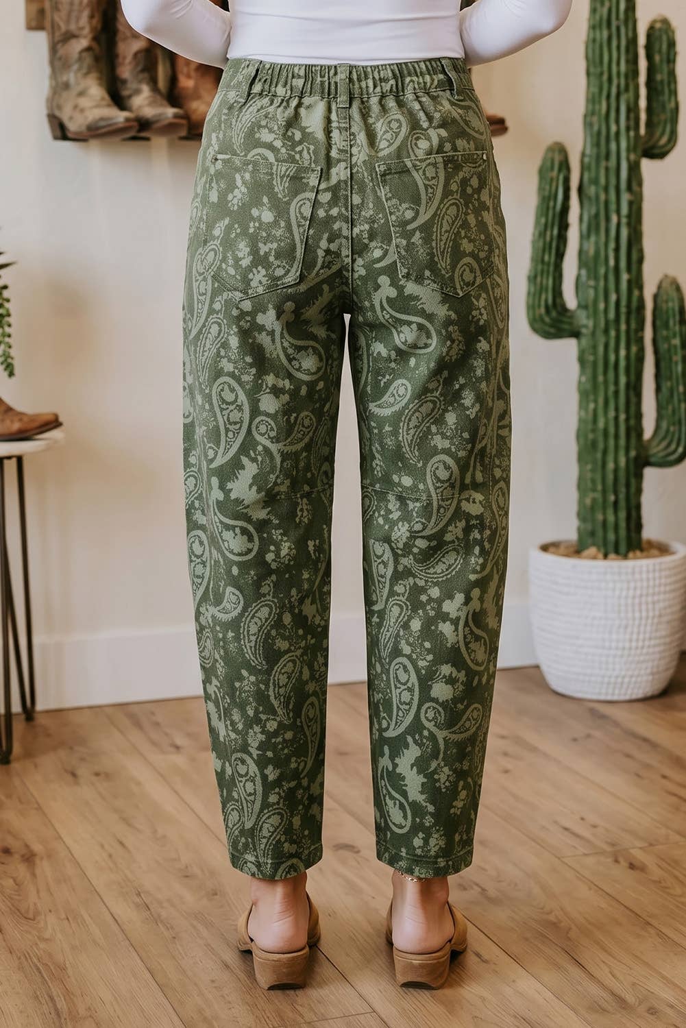Western Green Paisley Print Denim Pants