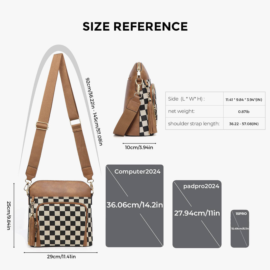 Tassel Zipper Camera Bag Checkered Crossbody Bag