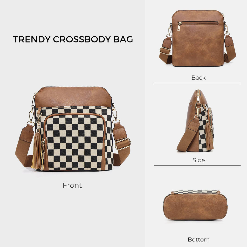 Tassel Zipper Camera Bag Checkered Crossbody Bag