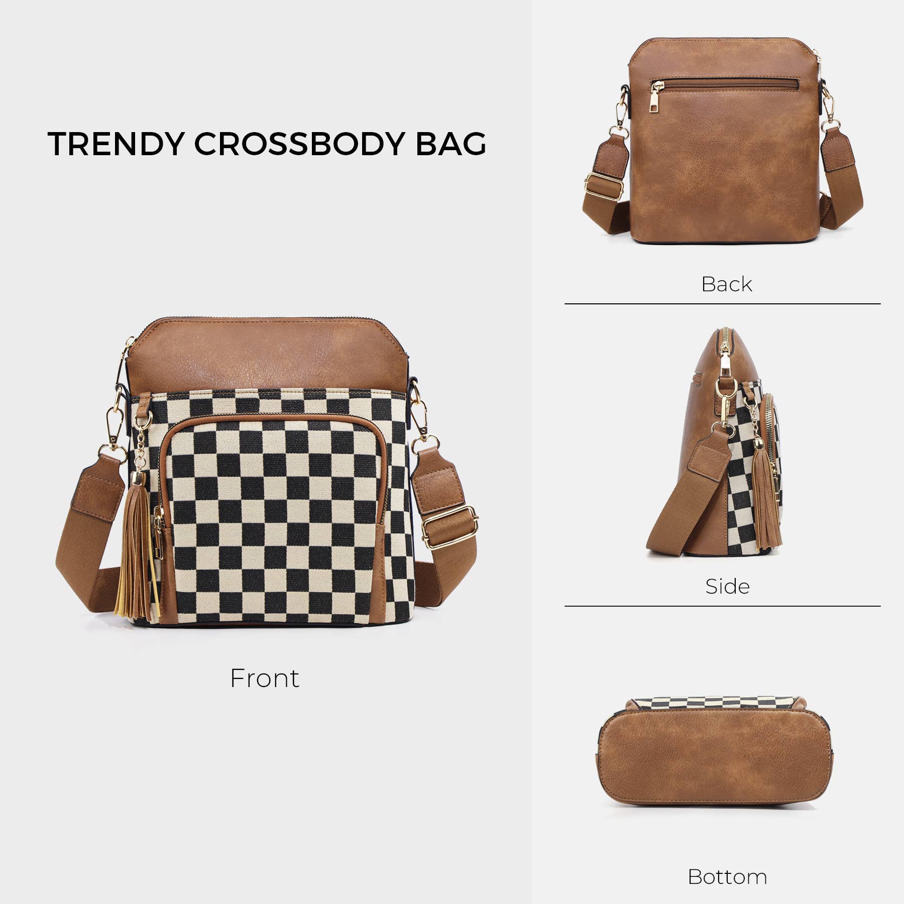 Tassel Zipper Camera Bag Checkered Crossbody Bag