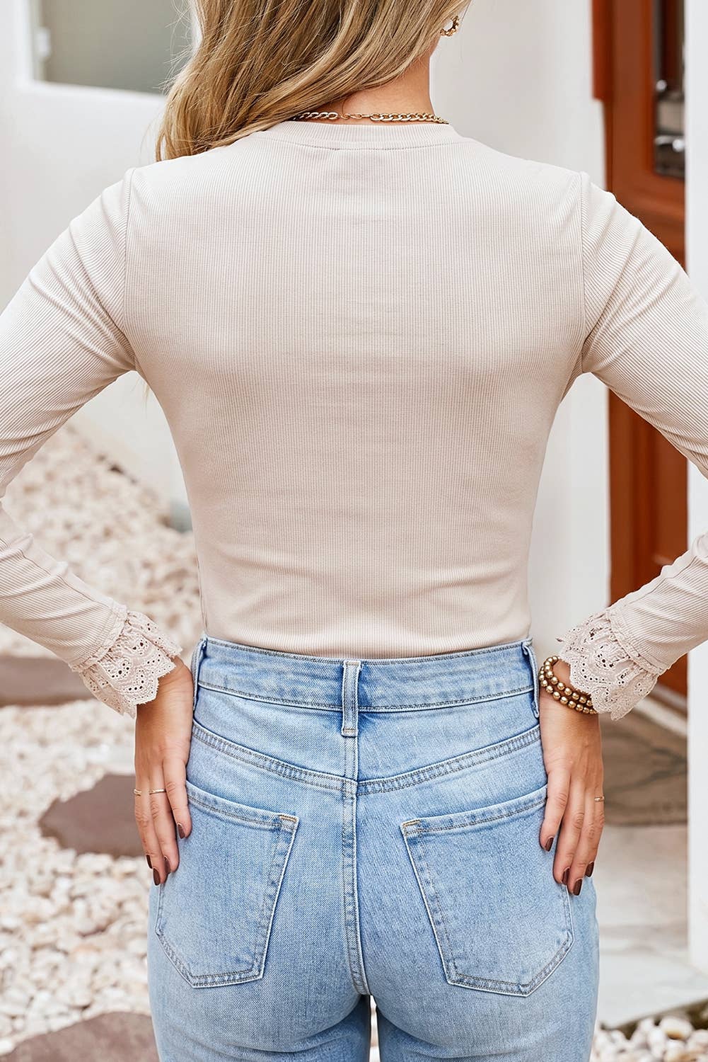 Lace Cuff Round Neck Long Sleeve Solid Sheath Blouse