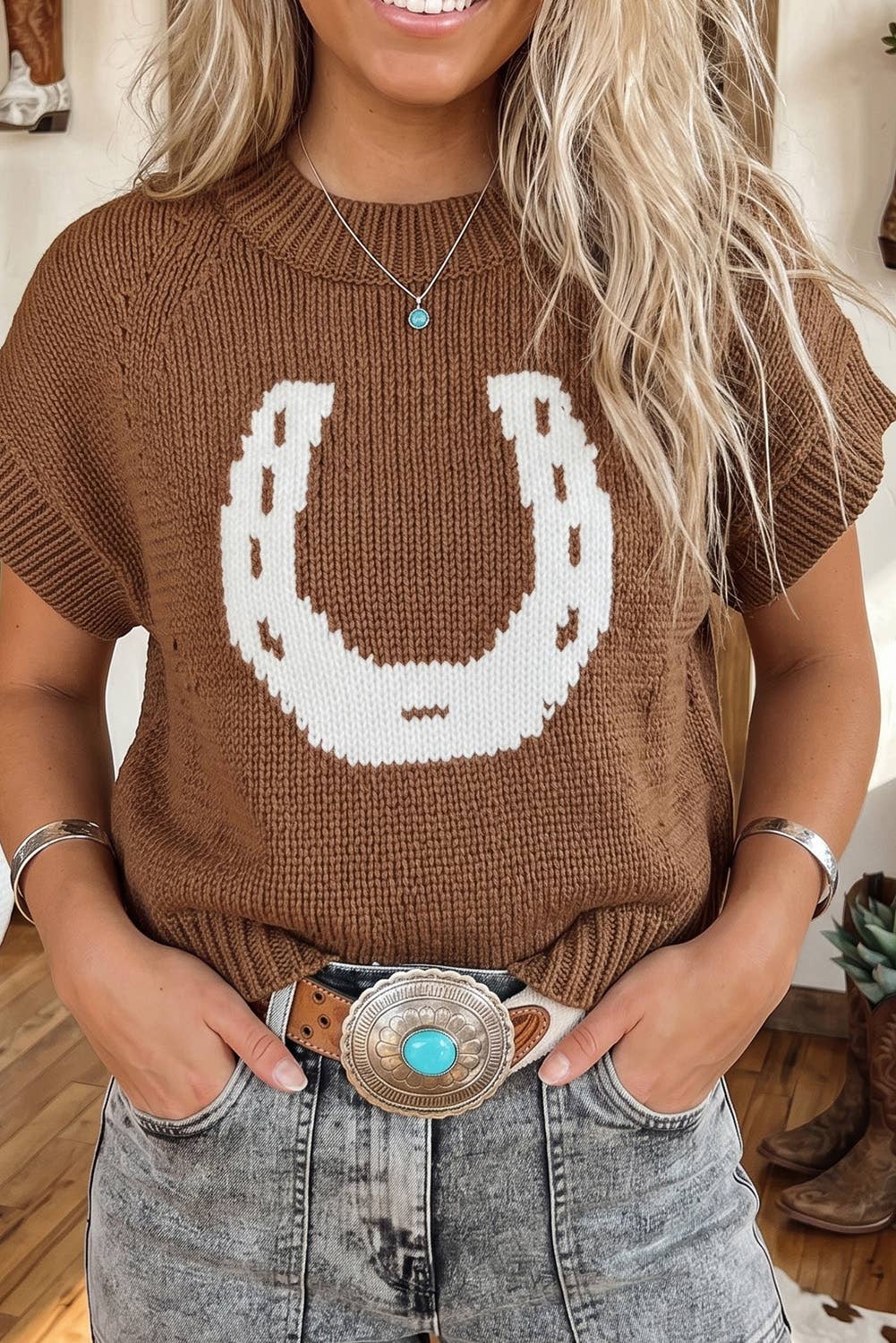 Western Shift Round Neck Short Sleeve Hair Knit Top