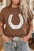 Western Shift Round Neck Short Sleeve Hair Knit Top