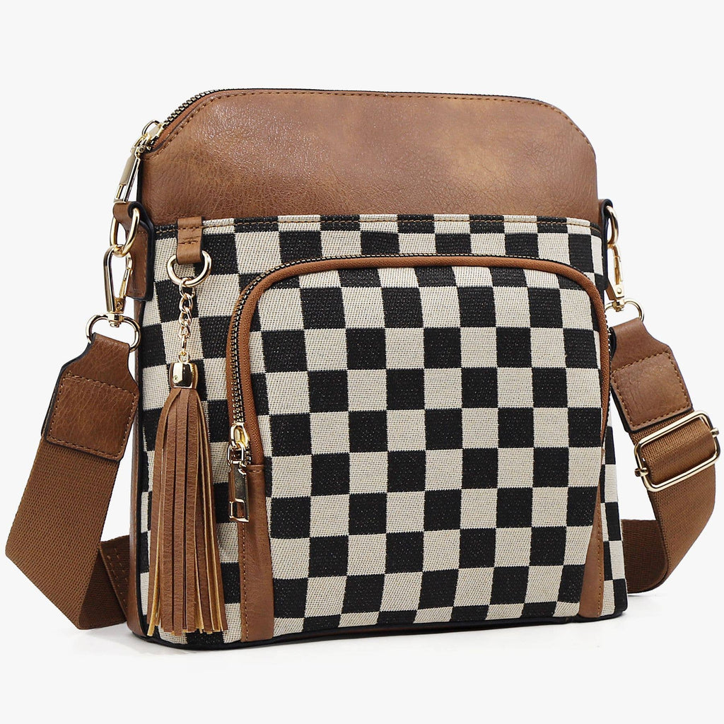 Tassel Zipper Camera Bag Checkered Crossbody Bag