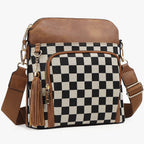 Tassel Zipper Camera Bag Checkered Crossbody Bag