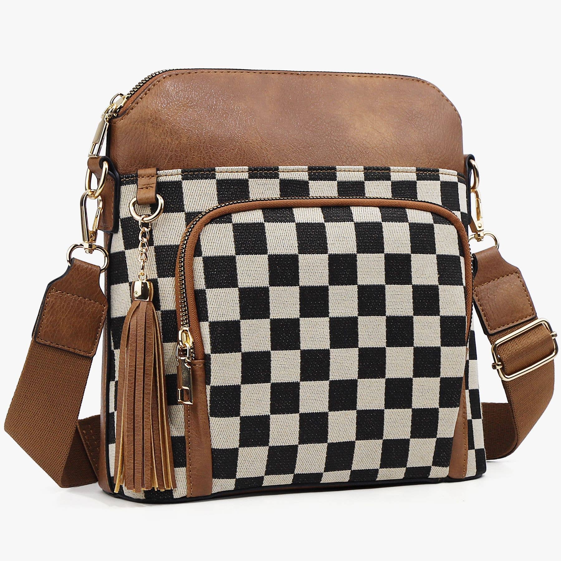 Tassel Zipper Camera Bag Checkered Crossbody Bag