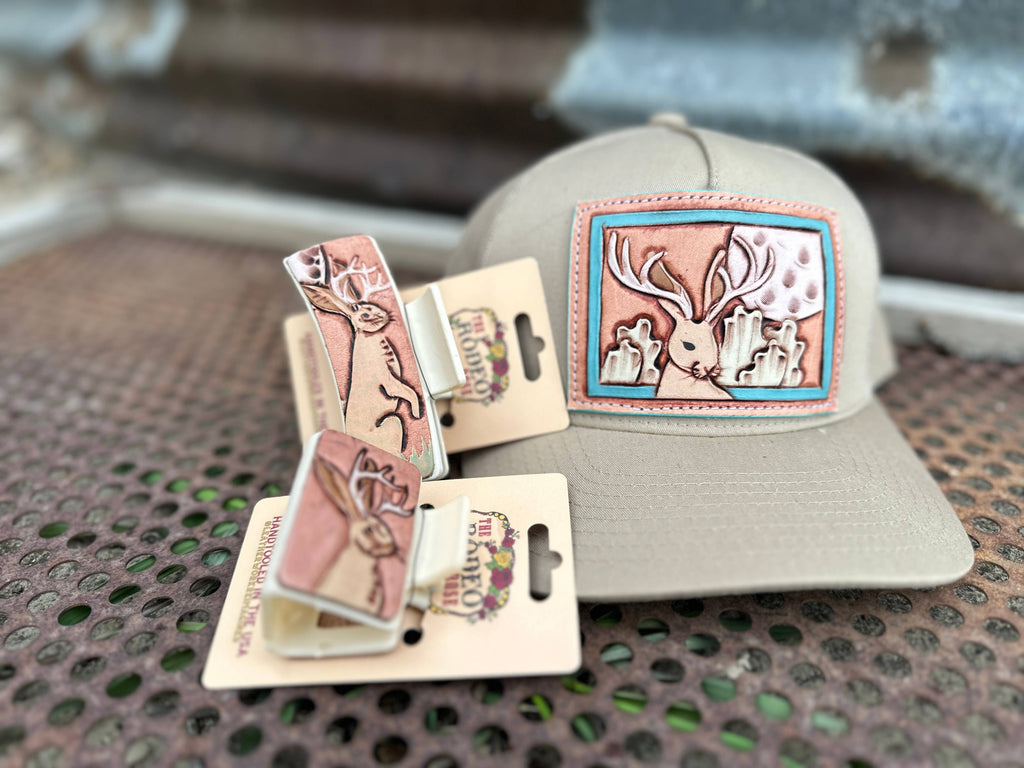 Jackalope Tooled Leather Patch Cap Cowgirl Cowboy Western Rodeo