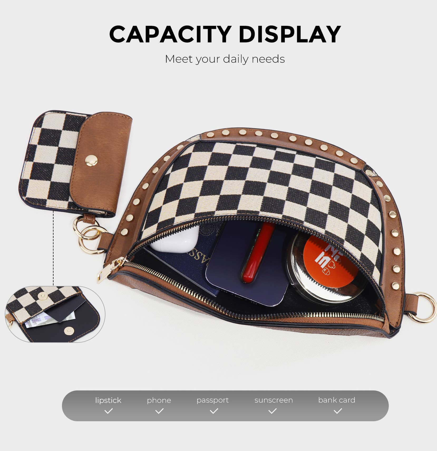 Rivet Checkered Bum Bag Crossbody Bag With Coin Purse